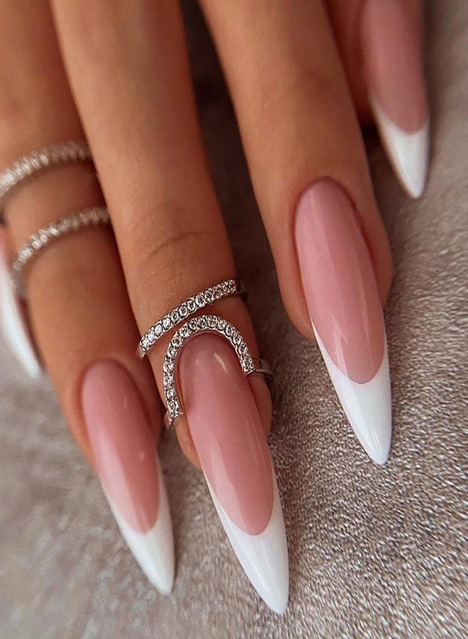 GRITOSE 24Pcs Pink Stiletto Press on Nails Long Fake Nails with Glue French Tip False Nails Artificial Acrylic Nails Press ons Long Almond Press on Nails Full Cover Reusable Stick on Nail for Women Girls - Image 1